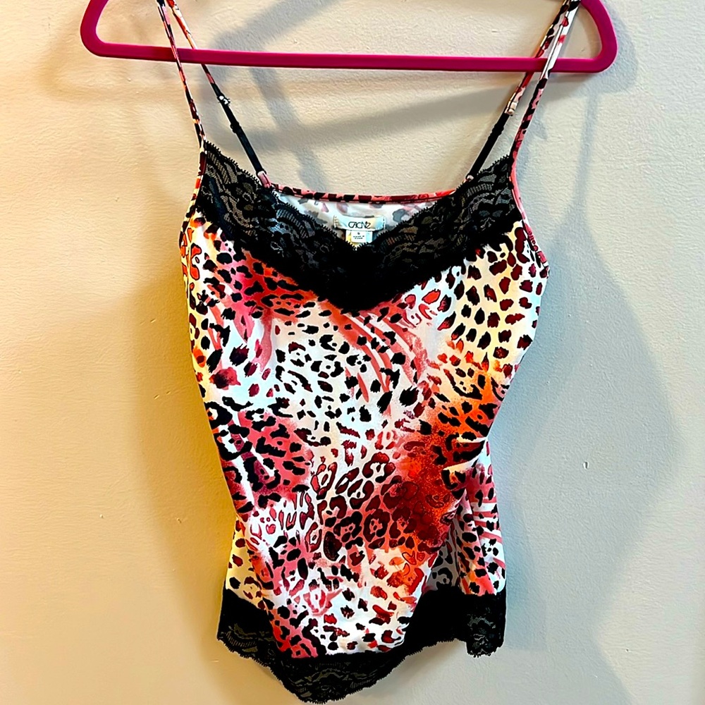 Cache Print Camisole Size Small Black Lace Trim P… - image 1